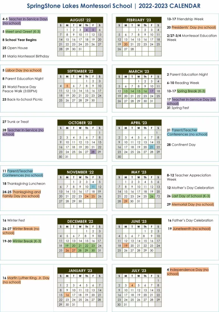 calendar of signficant dates for SpringStone Montessori